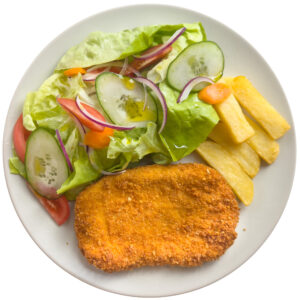 Chicken cutlet with salad and fries