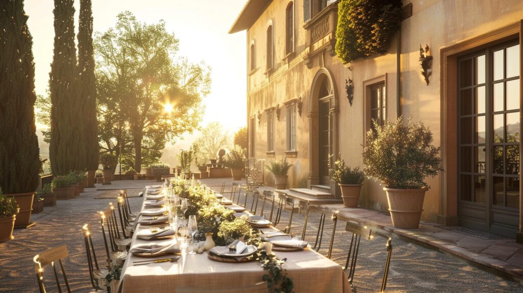 Villa La Piccioncina fully set up for a fancy lunch at sunset in summer (AI Generated)