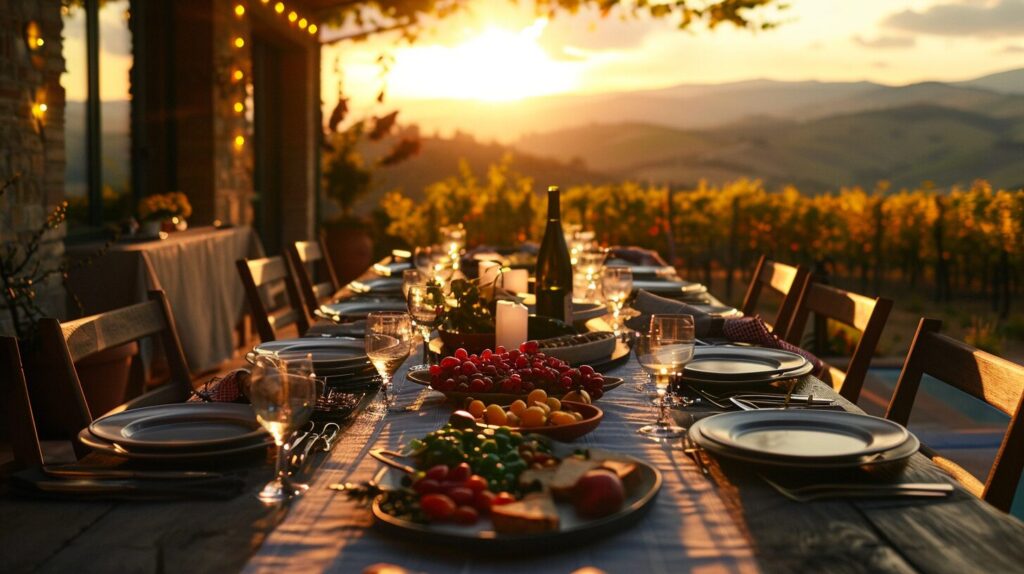 Dining in the tuscan countryside at sunset. (AI generated)