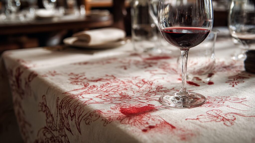 Red wine spilled, a glass waiting, the table remembering. (AI Generated)