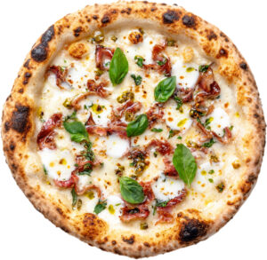 Pizza with burrata, pancetta, and basil olive oil